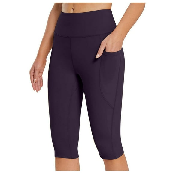 vigerkar Womens Capri Leggings with Pockets Tummy Control High Waisted Yoga Pants Summer Workout Running Leggings Dark Purple, M