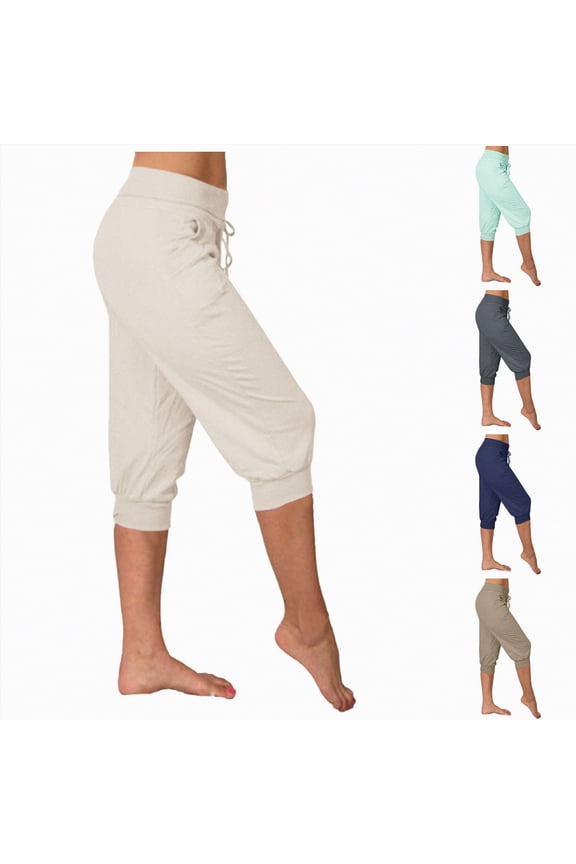 Womens Capri Sweatpants Drawstring Waist Cropped Yoga Joggers Casual Loose Lounge Bermuda Trousers with Pockets (Grey, L)