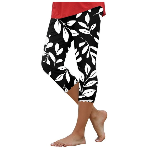 vigerkar Womens Capris Leggings for Summer Printed Tummy Control Knee Length Slim Fit Yoga Cropped Workout Pants Black, XL