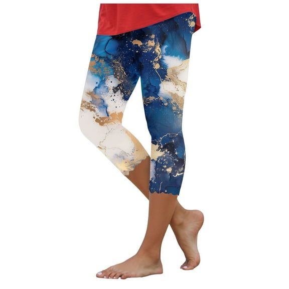 vigerkar Womens Capris Leggings for Summer Printed Tummy Control Knee Length Slim Fit Yoga Cropped Workout Pants Navy, XL