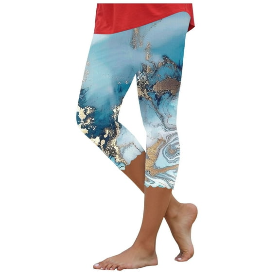 vigerkar Womens Capris Leggings for Summer Printed Tummy Control Knee Length Slim Fit Yoga Cropped Workout Pants Sky Blue, XL