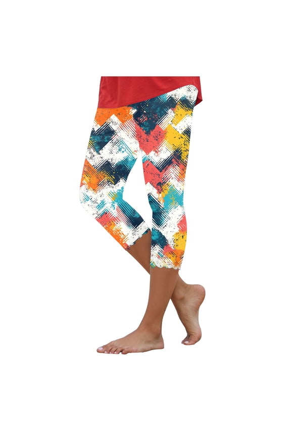 Womens Capris Leggings for Summer Printed Tummy Control Knee Length Slim Fit Yoga Cropped Workout Pants Watermelon Red, XXL