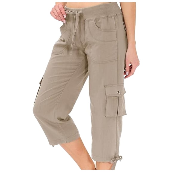 vigerkar Womens Capris with Pockets Loose Fit Casual Capri Pants Dressy Lightweight Ladies Baggy Cargo Pants for Hiking (Khaki, XXL)