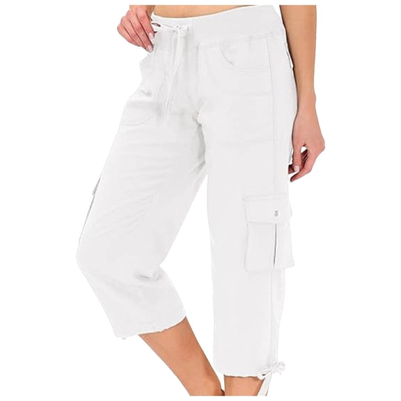 vigerkar Womens Capris with Pockets Loose Fit Casual Capri Pants Dressy Lightweight Ladies Baggy Cargo Pants for Hiking (White, L)