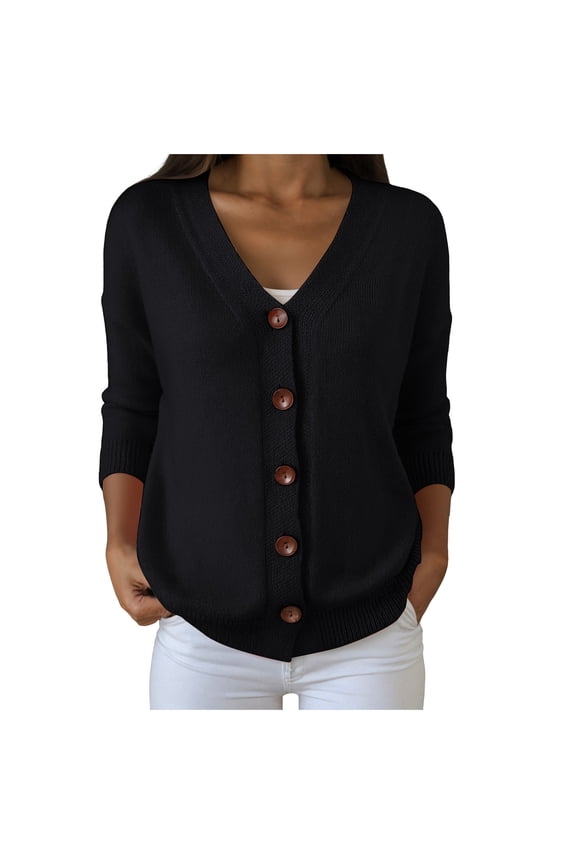 Womens Cardigans Lightweight Long Sleeve Button up Cardigan Sweaters Dressy Casual V Neck Knit Sweater Tops (Black, S)