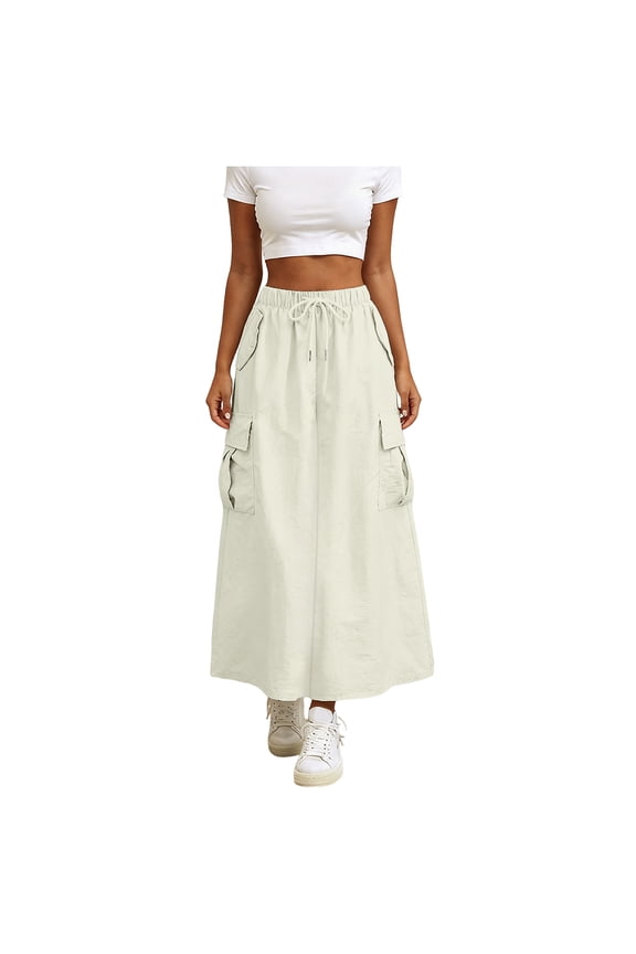 Womens Cargo Skirt High Waisted Drawstring Quick Dry Maxi Skirt Trendy Back Slit Fashion A Line Long Skirts (Khaki, XL)