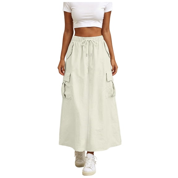 vigerkar Womens Cargo Skirt High Waisted Drawstring Quick Dry Maxi Skirt Trendy Back Slit Fashion A Line Long Skirts (Khaki, XXL)