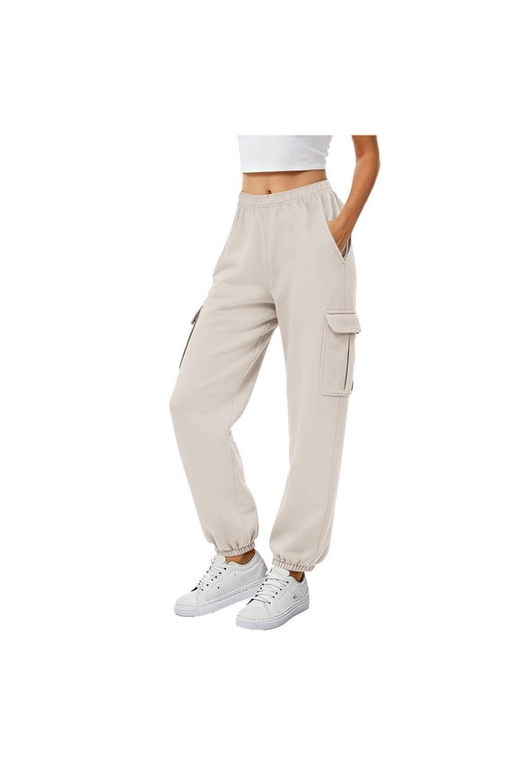 Womens Cargo Sweatpants Oversized Joggers Baggy Athletic Pants with Pockets (Beige, XL)