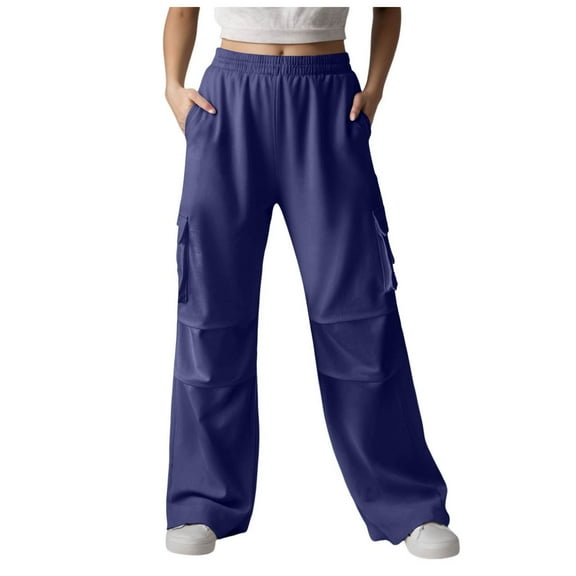 vigerkar Womens Cargo Sweatpants Wide Leg Y2k Pants Summer Baggy Joggers with Pockets Blue, L