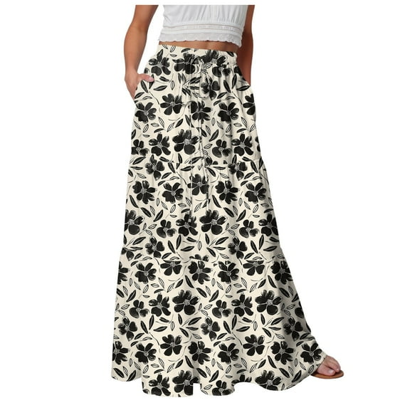 vigerkar Womens Casual Boho High Waisted Flowy Maxi Skirts Trendy Floral Cute Long Skirts with Pockets 2025 Beige, L