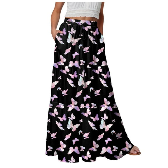 vigerkar Womens Casual Boho High Waisted Flowy Maxi Skirts Trendy Floral Cute Long Skirts with Pockets 2025 Black, XXL