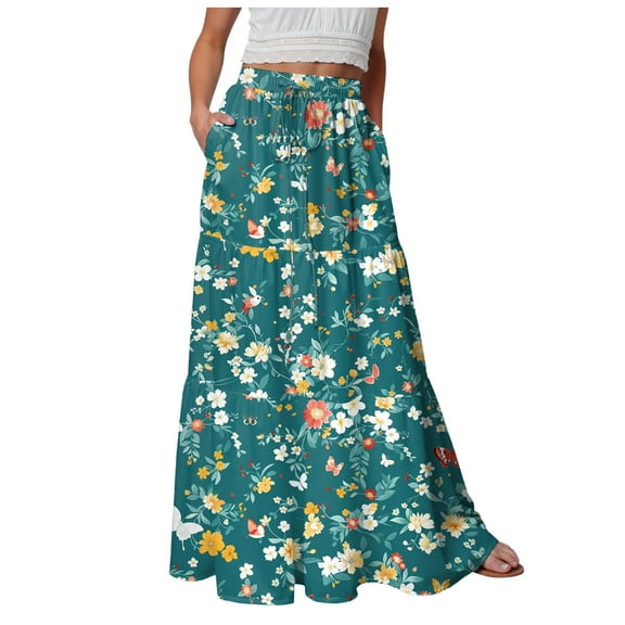 vigerkar Womens Casual Boho High Waisted Flowy Maxi Skirts Trendy Floral Cute Long Skirts with Pockets 2025 Blue, XXL
