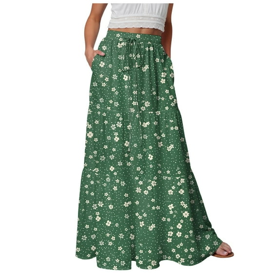 vigerkar Womens Casual Boho High Waisted Flowy Maxi Skirts Trendy Floral Cute Long Skirts with Pockets 2025 Green, L
