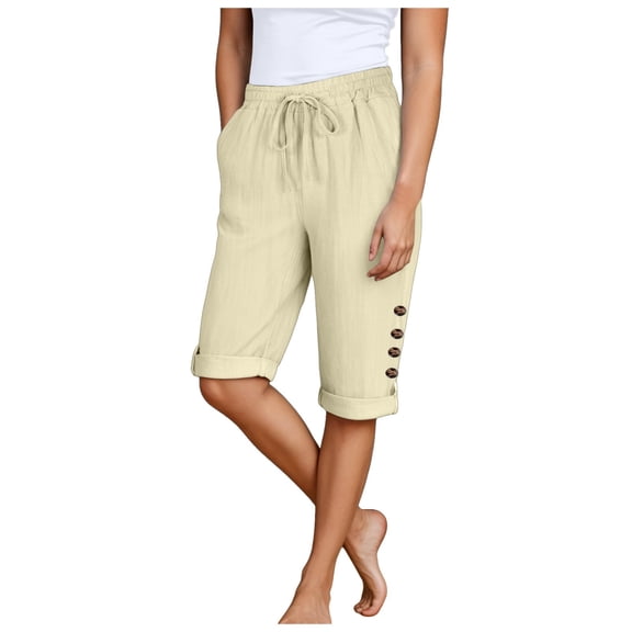vigerkar Womens Casual Capri Pants Elastic Waist Solid Color 3/4 Wide Leg Summer Trousers with Pockets Beige, XL