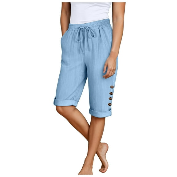 vigerkar Womens Casual Capri Pants Elastic Waist Solid Color 3/4 Wide Leg Summer Trousers with Pockets Blue, M