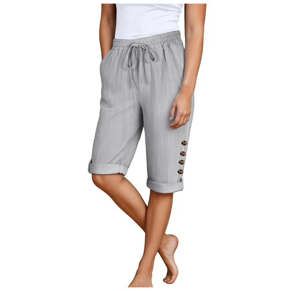 vigerkar Womens Casual Capri Pants Elastic Waist Solid Color 3/4 Wide Leg Summer Trousers with Pockets Grey, S