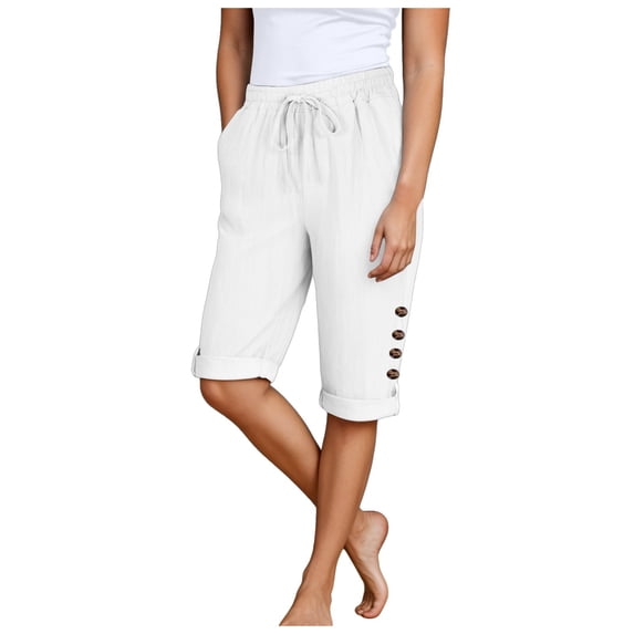 vigerkar Womens Casual Capri Pants Elastic Waist Solid Color 3/4 Wide Leg Summer Trousers with Pockets White, 3XL