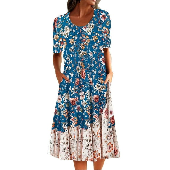 vigerkar Womens Casual Dress for Summer Short Sleeve Pleated Dress Loose Flowy Beach Dress with Pockets Flare Midi Sundress Blue, M
