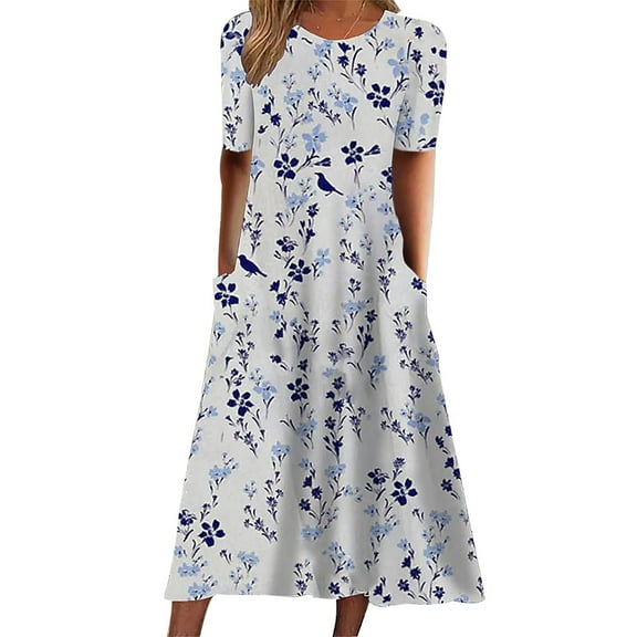 vigerkar Womens Casual Dress for Summer Short Sleeve Pleated Dress Loose Flowy Beach Dress with Pockets Flare Midi Sundress White, M