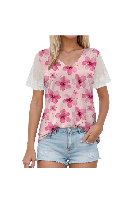 Womens Casual Flower Print Tops Short Sleeve Lace Cuff V Neck Pullover Shirts (Pink, M)