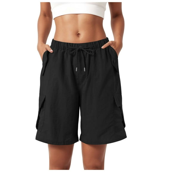 vigerkar Womens Casual Loose Elastic Drawstring Summer Beach Bermuda Quick Dry Pocketed Cargo Shorts Black, L