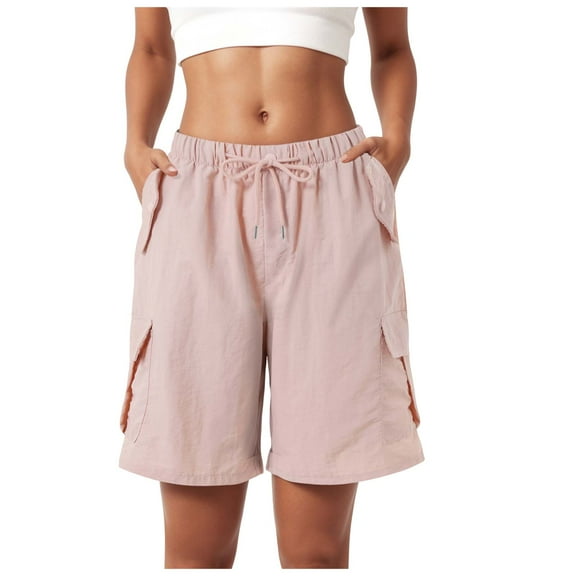 vigerkar Womens Casual Loose Elastic Drawstring Summer Beach Bermuda Quick Dry Pocketed Cargo Shorts Pink, XXL