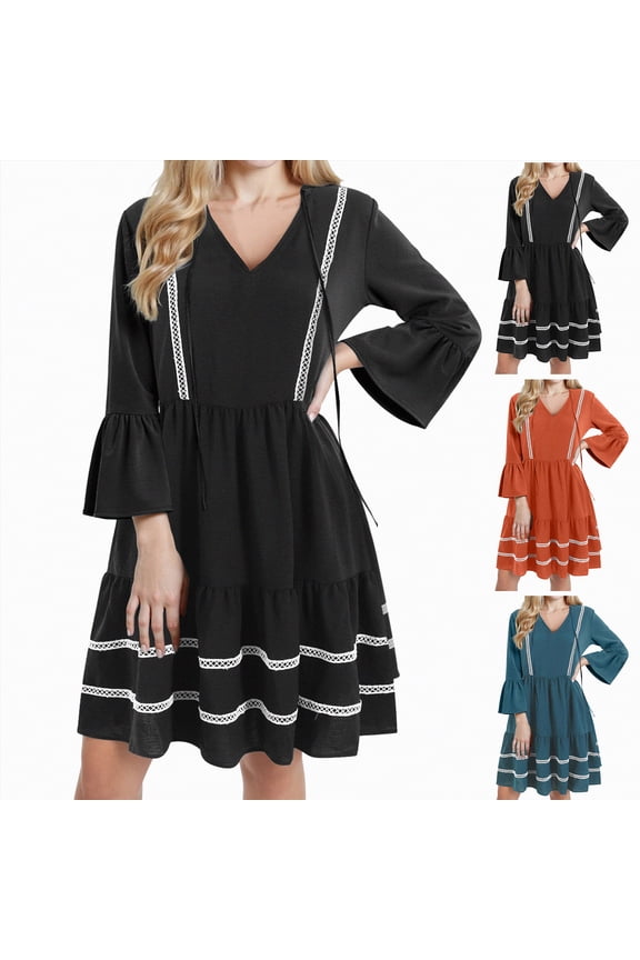 Womens Casual Mini Dress Long Sleeve Floral Ruffle V Neck Fall Loose Boho Babydoll Dresses (Brick Red, L)