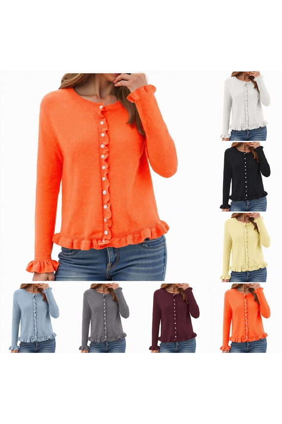 Womens Casual Ruffle Cardigan Sweaters Button Up Crew Neck Long Sleeve Sweater Cute Soft Knit Tops (Light Blue, S)