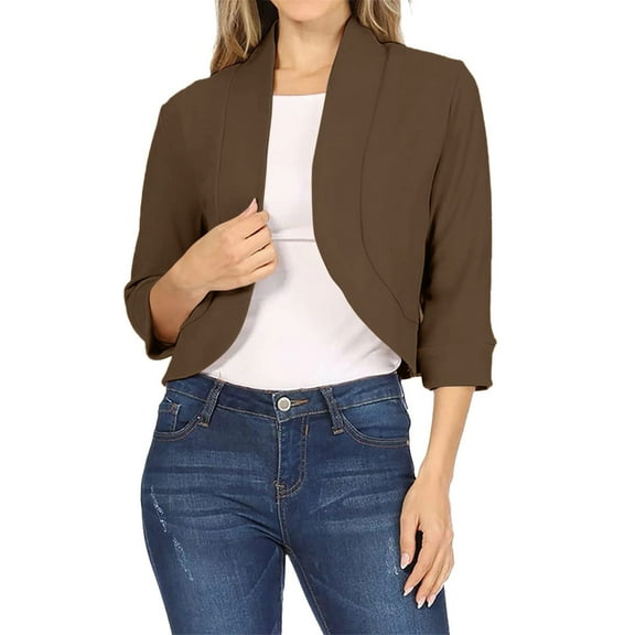 vigerkar Womens Casual Short Blazer 3/4 Sleeve Cropped Office Business Open Front Blazer Jackets Coffee, M