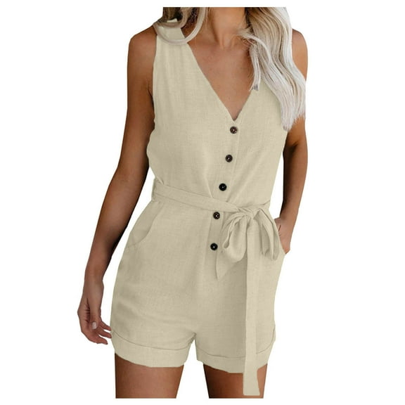 vigerkar Womens Casual Summer Vneck Ruffle Sleeveless Rompers Beige, S
