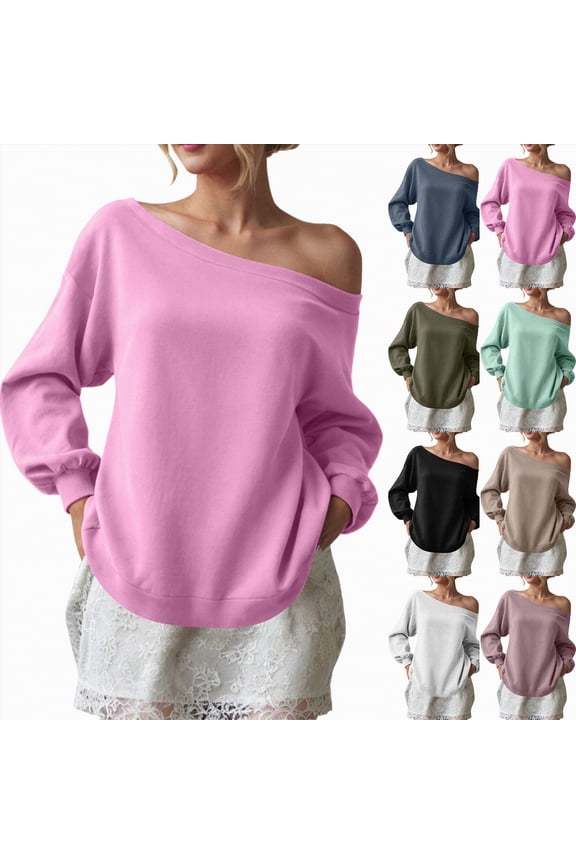 Womens Casual Sweatshirt Off Shoulder Long Sleeve Pullover Top Oversized Shirt Basic Slouchy Clothes (Grey, S)