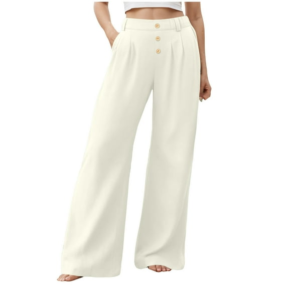 vigerkar Womens Casual Wide Leg Pants High Waisted Button Decor Loose Straight Long Trousers Dressy Palazzo Pant with Pockets Beige, S