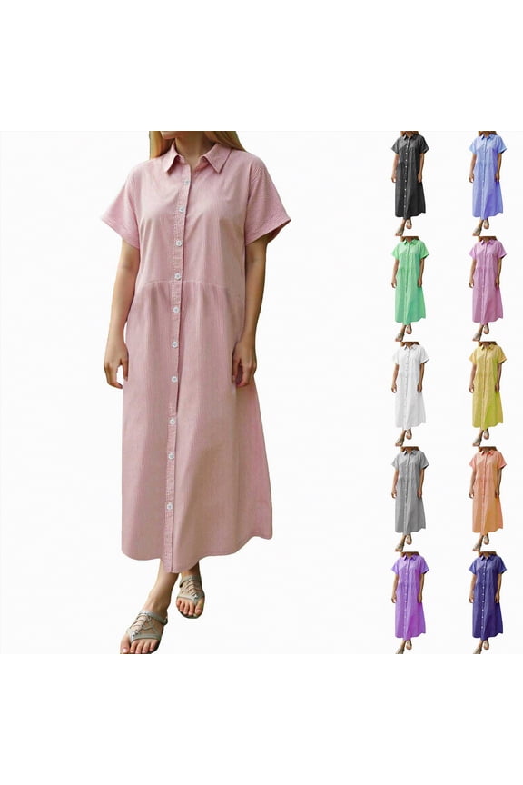 Womens Chic Button Down Short Sleeve Long Cotton Blouse Maxi Dresses (White, XXL)