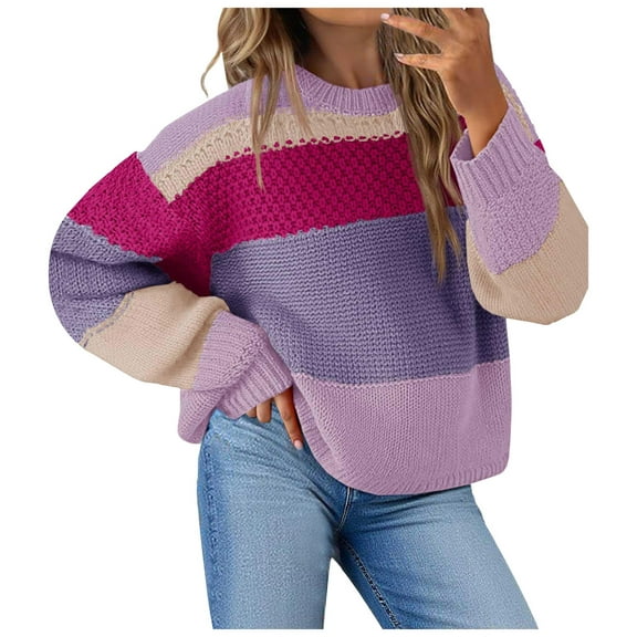 vigerkar Womens Color Block Loose Sweaters 2025 Winter Trendy Casual Oversized Y2k Going Out Striped Pullover Tops (Hot Pink, XXL)