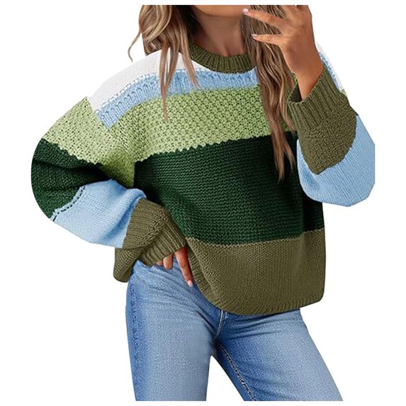 vigerkar Womens Color Block Loose Sweaters 2025 Winter Trendy Casual Oversized Y2k Going Out Striped Pullover Tops (Light Green, L)