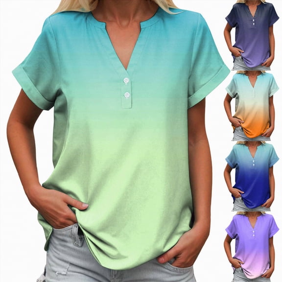 vigerkar Womens Color Gradient Tops Casual Short Sleeve V Neck Shirts Business Dressy Work Blouses (Dark Purple, XL)