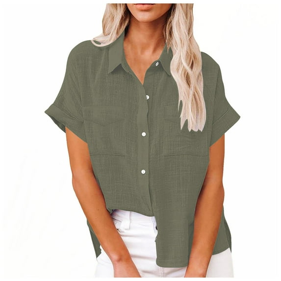 vigerkar Womens Cotton Linen Button Down Shirt Summer Casual Short Sleeve Solid Color T Shirts Loose Work Tops with Pockets AG, XL