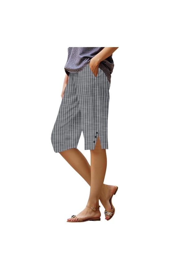 Womens Cotton Linen Capri Pants 2025 Knee Length Summer Capris Straight Leg Loose Beach Bermuda Shorts with Pocket Grey, XXL