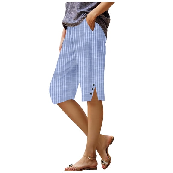 vigerkar Womens Cotton Linen Capri Pants 2025 Knee Length Summer Capris Straight Leg Loose Beach Bermuda Shorts with Pocket Light Blue, L