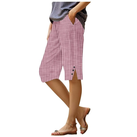 vigerkar Womens Cotton Linen Capri Pants 2025 Knee Length Summer Capris Straight Leg Loose Beach Bermuda Shorts with Pocket Red, L
