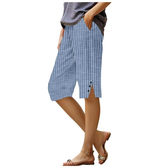 vigerkar Womens Cotton Linen Capri Pants 2025 Knee Length Summer Capris Straight Leg Loose Beach Bermuda Shorts with Pocket Sky Blue, XXL
