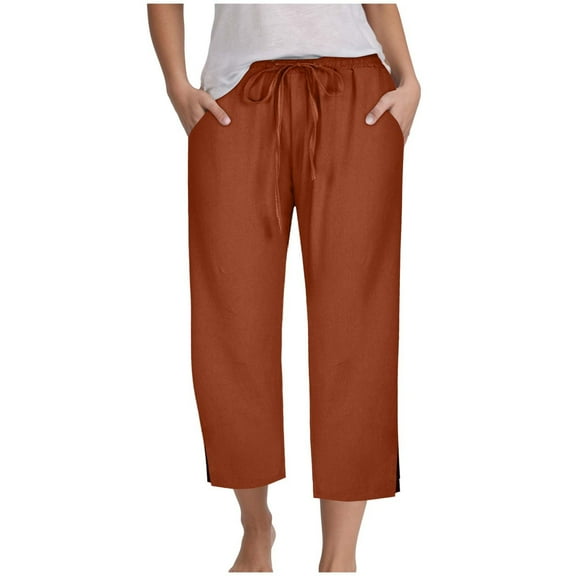 vigerkar Capri Pants for Women Casual 2025 Summer Drawstring Elastic High Waist Linen Pants Wide Leg Plus Size Capris Brown, L