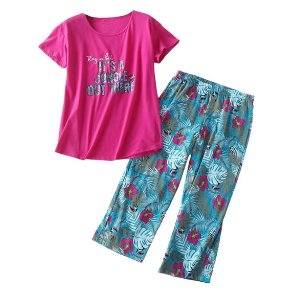 vigerkar Womens Cotton Pajama Sets Short Sleeve Top With Capri Pants 2 piece sets for Women Summer Pajamas Lounge Set Hot Pink, 3XL