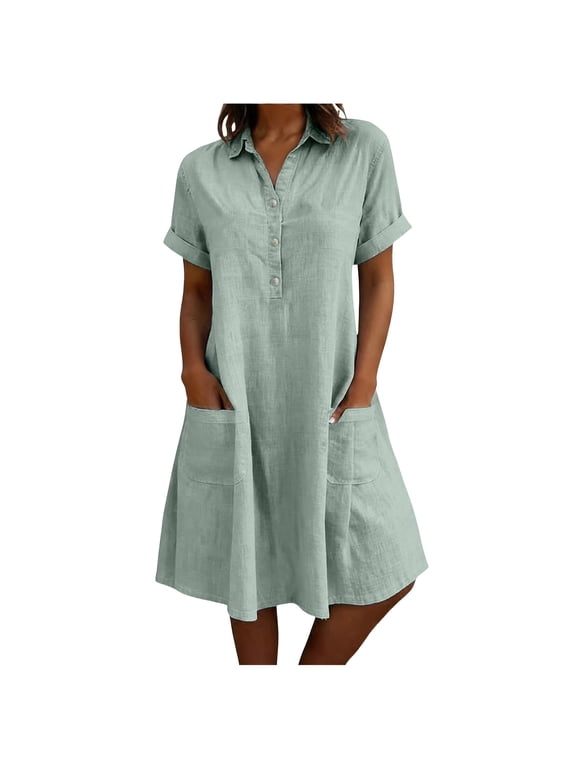 Womens Cotton Shirt Dress Summer Casual Short Sleeve Button Down Beach Cover Up Shirts with Pockets (Mint Green, L)