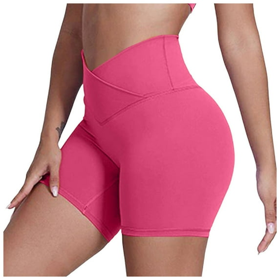 vigerkar Womens Crossover Biker Shorts 5" High Waisted Yoga Workout Athletic Running Spandex Shorts Pink, XL