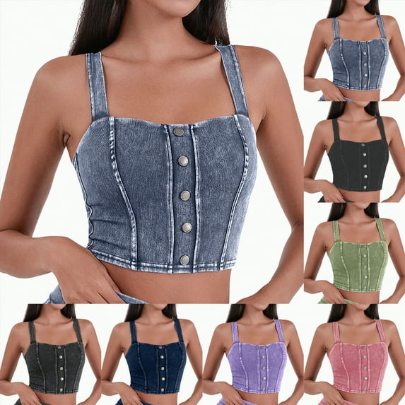 vigerkar Womens Denim Stretchy Vest Square Neck Sleeveless Tight Causal Basic Jean Tank Tops Summer Trendy (Light Purple, S)