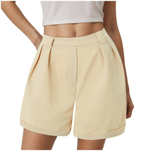 vigerkar Womens Dressy Wide Leg Shorts Summer High Waist Roll Up Tailored Business Work Short Trouser with Pockets Beige, S