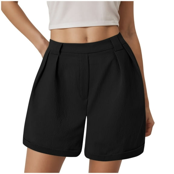 vigerkar Womens Dressy Wide Leg Shorts Summer High Waist Roll Up Tailored Business Work Short Trouser with Pockets Black, S
