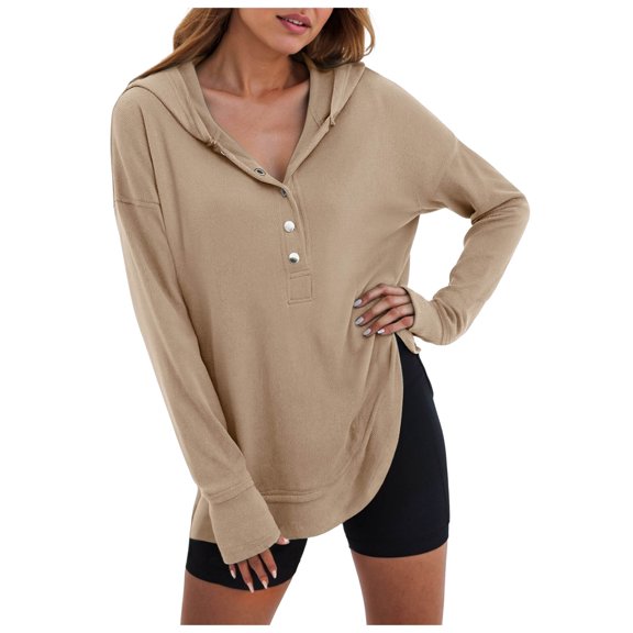 vigerkar Womens Fashion Oversized Long Sleeve Hoodie Button Down V Neck Sweatshirt Casual Pullover Tops (Khaki, L)