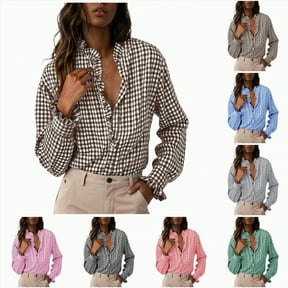 vigerkar Womens Fashion Plaid Ruffle V Neck Button Down Blouse Casual Long Sleeve Gingham Trendy Tops Work Checkered Shirt (Khaki, XXL)